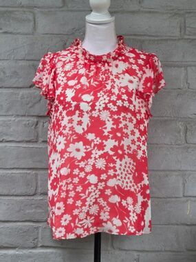 Sugarlips Red White Floral Smocked Neck Ruffle Sleeve Blouse Top Small